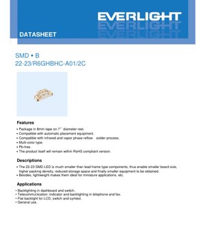 Обложка PDF-документа - Техническая спецификация SMD светодиода 22-23/R6GHBHC-A01/2C - Многоцветный - Напряжение 2.0-3.7В - Мощность 60-95мВт