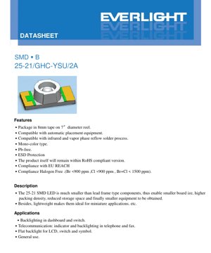 PDF Document Cover - SMD LED 25-21/GHC-YSU/2A Datasheet - Package 2.5x2.1mm - Voltage 3.5V - Brilliant Green - English Technical Document