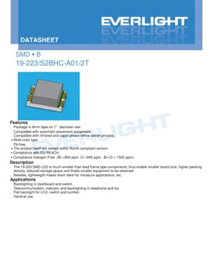 PDF दस्तावेज़ कवर - SMD LED 19-223/S2BHC-A01/2T डेटाशीट - पैकेज 2.0x1.25x0.8mm - वोल्टेज 2.0V/3.0V - मल्टी-कलर - हिन्दी तकनीकी दस्तावेज़