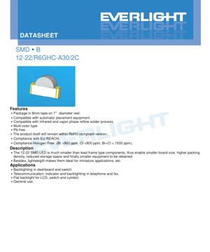 PDF Document Cover - SMD LED 12-22/R6GHC-A30/2C Datasheet - Multi-Color - Red/Green - 2.0V/3.3V - 60mW/95mW - English Technical Document