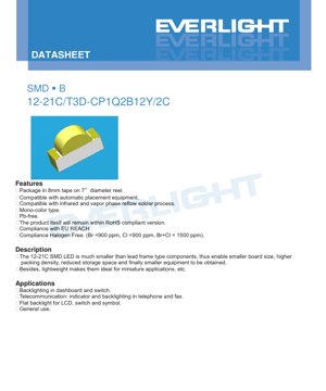 PDF Document Cover - SMD LED 12-21C/T3D-CP1Q2B12Y/2C Datasheet - Package 2.0x1.25x0.8mm - Voltage 2.7-3.4V - Power 40mW - Pure White - English Technical Document