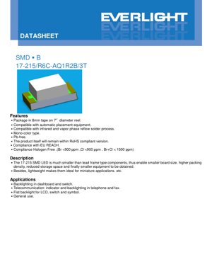 PDF Document Cover - SMD LED 17-215/R6C-AQ1R2B/3T Datasheet - Brilliant Red - 20mA - 2.35V Max - English Technical Document