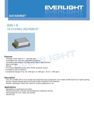 PDF Document Cover - SMD LED 19-213/R6C-AQ1R2B/3T Datasheet - Size 2.0x1.25x0.8mm - Voltage 1.75-2.35V - Brilliant Red - English Technical Document