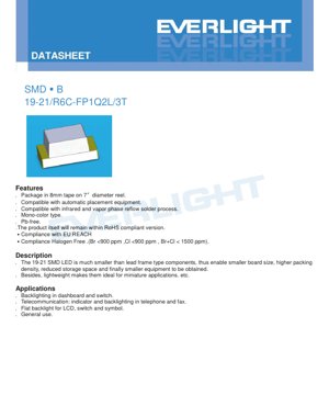 PDF Document Cover - SMD LED 19-21/R6C-FP1Q2L/3T Datasheet - Size 2.0x1.25x0.8mm - Voltage 1.7-2.3V - Brilliant Red - English Technical Document