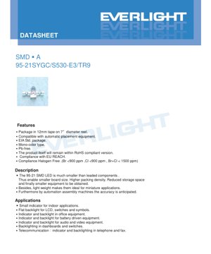 PDF 문서 표지 - SMD LED 95-21SYGC/S530-E3/TR9 데이터시트 - 2.0x1.25x0.8mm - 2.0V - 40mW - 선명한 옐로우 그린 - 한국어 기술 문서