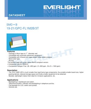 Portada de Documento PDF - Hoja de Datos SMD LED 19-21/G PC-FL1M2B/3T - Verde Puro - 2.0x1.25x0.8mm - 2.35V Máx. - 60mW - Documento Técnico en Inglés