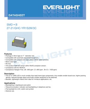 PDF Jalada la Kifuniko - SMD LED 27-21/GHC-YR1S2M/3C Datasheet - 2.0x1.25x0.8mm - 3.95V Max - 95mW - Kijani Kibichi - English Technical Document