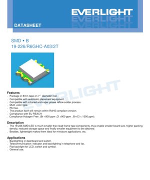 PDF Document Cover - SMD LED 19-226/R6GHC-A 03/2T Datasheet - Multi-Color - Brilliant Red & Green - 20mA - English Technical Documentation