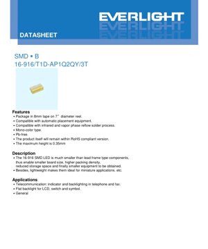 Copertina documento PDF - Scheda Tecnica LED SMD 16-916/T1D-AP1Q2QY/3T - Package 1.6x0.8x0.35mm - Tensione 2.7-3.2V - Colore Bianco - Documento Tecnico in Italiano