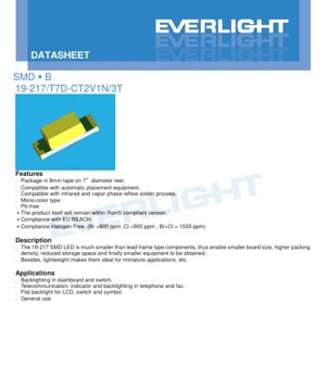 PDF文書カバー - SMD LED 19-217/T7D-CT2V1N/3T データシート - パッケージ 2.0x1.25x0.8mm - 電圧 2.7-3.7V - 電力 110mW - 純白色 - 日本語技術文書