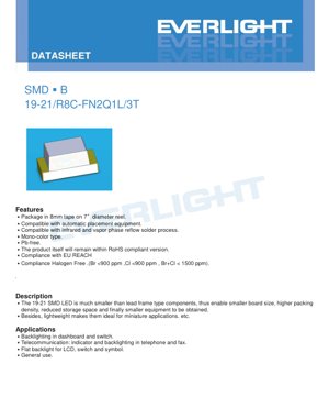 PDF Document Cover - SMD LED 19-21 Deep Red Datasheet - Dimensions 2.0x1.25x0.8mm - Voltage 1.7-2.3V - Power 60mW - English Technical Document
