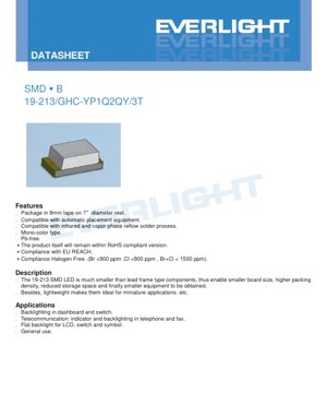 PDF Document Cover - SMD LED 19-213 Datasheet - Brilliant Green - 120° Viewing Angle - 2.7-3.2V - 25mA - Water Clear Resin - English Technical Document