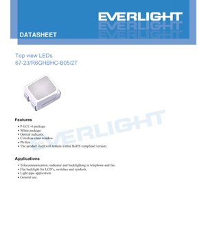 PDF Document Cover - SMD Reflector LED 67-23/R6GHBHC-B05/2T Datasheet - Package 6.0x3.2x1.9mm - Voltage 2.0-3.95V - Colors Red/Green/Blue - English Technical Document