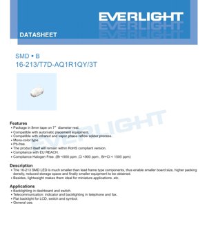 PDF Document Cover - SMD LED 16-213/T7D-AQ1R1QY/3T Datasheet - Pure White - 120° Viewing Angle - 5mA Drive - 3.2V Max - English Technical Documentation