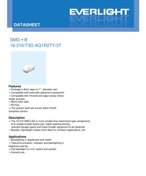 PDF Document Cover - SMD LED 16-216/T3D-AQ1R2TY/3T Datasheet - Pure White - 2.6-3.0V - 25mA - English Technical Document