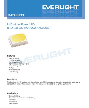 PDF Document Cover - SMD Low Power LED 45-21S PLCC-2 Datasheet - Package 3.5x2.8x1.9mm - Voltage 2.9-3.6V - Power 0.27W - White Light - English Technical Document