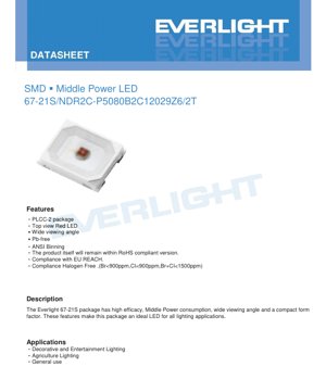 PDF文書カバー - SMD ミドルパワー ディープレッドLED 67-21S - PLCC-2パッケージ - 2.0x1.25x0.7mm - 2.0-2.9V - 60mA - 40-100mW - 技術仕様書