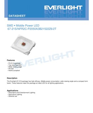 PDF Document Cover - SMD Middle Power LED 67-21S Datasheet - PLCC-2 Package - Far Red 720-750nm - 60mA 135mW - English Technical Document