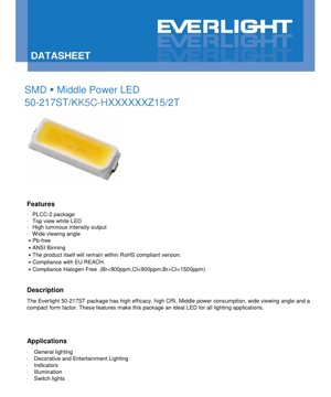PDF 문서 표지 - SMD PLCC-2 LED 규격서 - 패키지 5.0x2.0x1.7mm - 최대 전압 3.4V - 전력 0.51W - 백색광