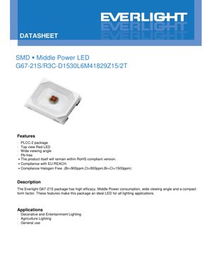 PDF Document Cover - SMD PLCC-2 Red LED G67-21S/R3C Datasheet - 3.0x2.8x1.9mm - 1.8-2.9V - 150mA - 435mW - English Technical Document