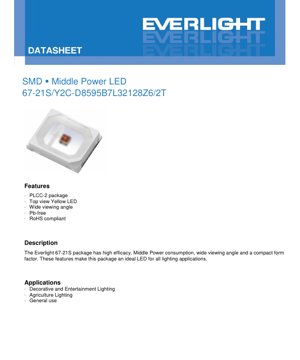 PDF Document Cover - SMD Middle Power Yellow LED 67-21S Datasheet - PLCC-2 Package - 2.1-2.8V - 70mA - English Technical Document
