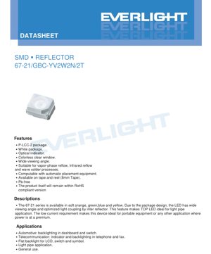 PDF Document Cover - SMD Reflector LED 67-21 Series Datasheet - P-LCC-2 Package - 3.5V Max - 110mW - Green/Yellow/Blue/Orange - English Technical Document