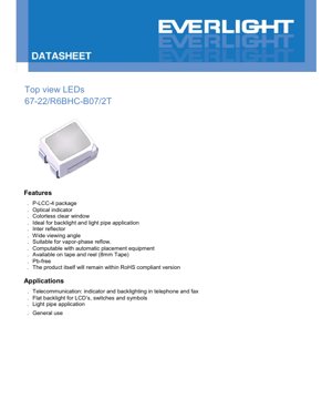 PDF Document Cover - SMD Reflector LED 67-22/R6BHC-B07/2T Datasheet - P-LCC-4 Package - Red/Blue - 20mA - English Technical Document