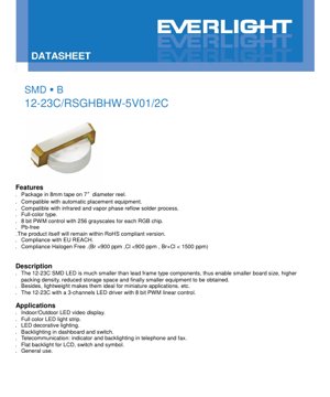 PDF Document Cover - SMD RGB LED 12-23C Datasheet - 8mm Tape - 5V Supply - 256 Grayscale PWM Control - English Technical Document
