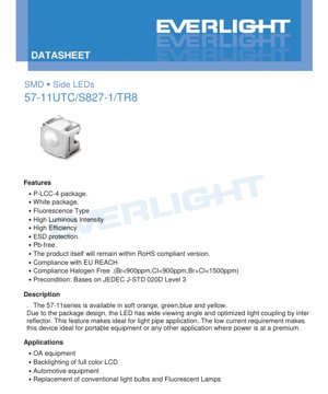 Обложка PDF-документа - Техническая спецификация SMD бокового светодиода 57-11UTC/S827-1/TR8 - Корпус P-LCC-4 - Белый - 20мА