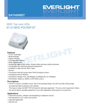 PDF文書カバー - SMD トップビュー ブルーLED 67-21シリーズ データシート - P-LCC-2パッケージ - 2.7-3.5V - 25mA - 90mW