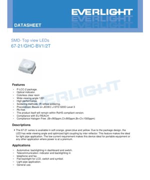 PDF Document Cover - SMD Top View LED 67-21 Series Datasheet - P-LCC-2 Package - 2.7-4.3V - 25mA - Brilliant Green - English Technical Document
