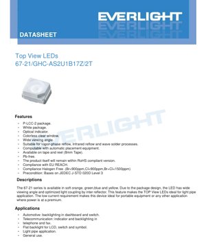 PDF 문서 표지 - SMD 탑뷰 LED 67-21 시리즈 데이터시트 - P-LCC-2 패키지 - 2.5-3.5V - 90mW - 브릴리언트 그린 - 한국어 기술 문서