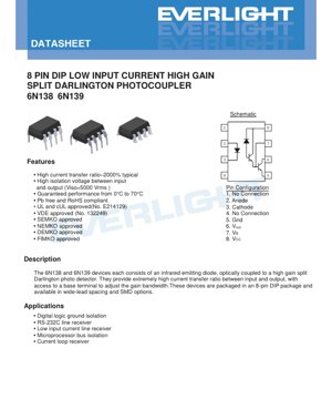 PDF Document Cover - 6N138 6N139 Photocoupler Datasheet - 8-Pin DIP Package - High Gain Split Darlington - English Technical Document