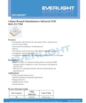 PDF Document Cover - 1.8mm Round Subminiature Infrared LED IR42-21C/TR8 Datasheet - Dimensions 1.8mm Dia - Voltage 1.2V - Power 130mW - Water Clear Lens - English Technical Document