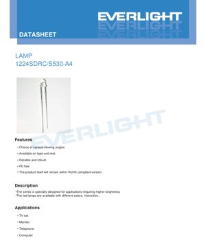 PDF Document Cover - 1224SDRC/S530-A4 LED Lamp Datasheet - Super Deep Red - 650nm - 25mA - 500mcd - English Technical Document