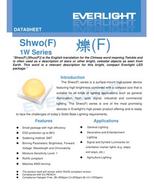 PDF文档封面 - Shwo(F) 1W系列LED规格书 - SMT封装 - 350mA/1000mA/1500mA驱动电流 - 冷白/中性白/暖白光 - 中文技术文档