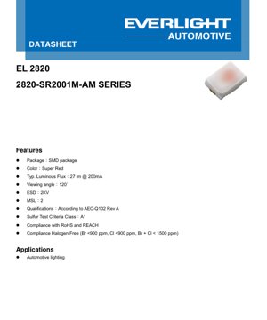 جلد سند PDF - دیتاشیت LED سری 2820-SR2001M-AM - بسته‌بندی SMD 2.8x2.0mm - سوپر رد 632nm - 27 لومن در 200mA - درجه خودرویی