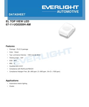 PDF Document Cover - EL TOP VIEW LED 67-11-UG0200H-AM Datasheet - PLCC-2 Package - Green Color - 3.1V Typ - 20mA - English Technical Document