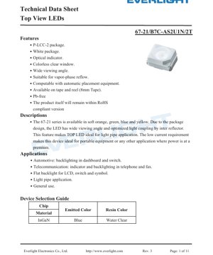 صفحه سند PDF - برگه مشخصات فنی LED سری 67-21 با دید از بالا - بسته‌بندی P-LCC-2 - آبی 468nm - 20mA 3.2V - زاویه دید 120 درجه