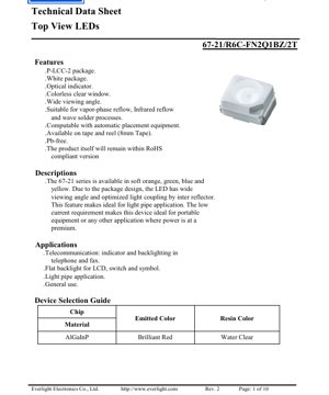 PDF Document Cover - Top View LED 67-21 Series Datasheet - P-LCC-2 Package - 1.75-2.35V - 25mA - Red/Orange/Green/Blue/Yellow - English Technical Document