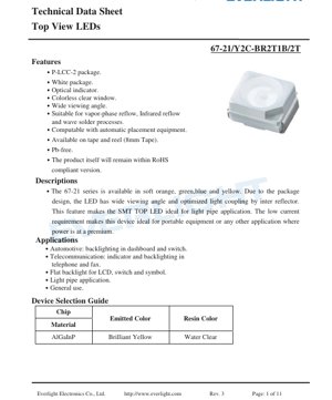 PDF Document Cover - Top View LED 67-21 Series Datasheet - Package 3.2x2.8x1.9mm - Forward Voltage 1.75-2.35V - Brilliant Yellow - 100mW Power - English Technical Document