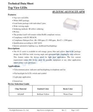 Kifuniko cha Hati ya PDF - LED ya Juu ya Kuona Mfululizo 45-21 Njano Mwangaza - 3.0x2.0x1.1mm - 2.25V Kawaida - 40mW - Karatasi ya Data ya Kiufundi ya Kiswahili