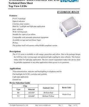 PDF दस्तावेज़ कवर - टॉप व्यू LED 67-22 सीरीज़ तकनीकी डेटा शीट - P-LCC-4 पैकेज - 2.0x1.25x1.1mm - 2.35V मैक्स - 60mW - रेड/येलो - English