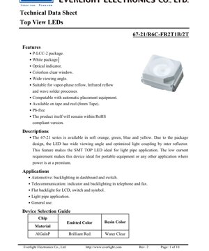 PDF Document Cover - Top View LED 67-21 Series Technical Data Sheet - Package 3.2x2.8x1.9mm - Forward Voltage 1.75-2.35V - Brilliant Red Color - English Documentation