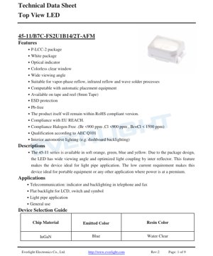 PDF Document Cover - Top View LED 45-11 Series Technical Data Sheet - Package 3.2x2.8x1.9mm - Voltage 2.7-3.5V - Blue Color - English Technical Document
