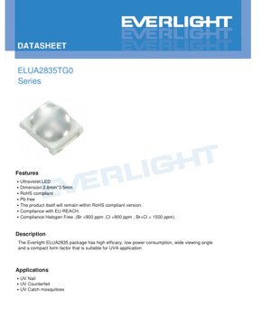 PDF文档封面 - ELUA2835TG0 UVA LED 规格书 - 2.8x3.5mm封装 - 3.0-4.0V正向电压 - 60mA电流 - 中文技术文档