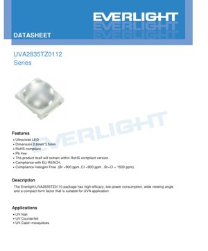 PDF Document Cover - UVA LED 2835 SMD Datasheet - 2.8x3.5mm Package - 3.2-3.8V - 60mA - 365-370nm - English Technical Documentation