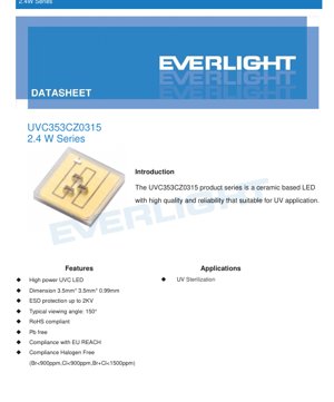 جلد سند PDF - دیتاشیت LED فرابنفش C UVC3535CZ0315 - ابعاد 3.5x3.5x0.99 میلی‌متر - ولتاژ 5.0-8.0 ولت - سری 2.4 وات - طول موج 270-285 نانومتر - سند فنی فارسی