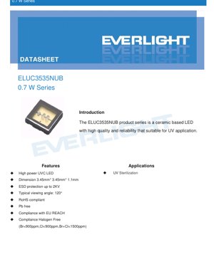PDF Document Cover - ELUC3535NUB UVC LED Datasheet - 3.45x3.45x1.1mm - 5.0-7.0V - 0.7W - 270-285nm - English Technical Documentation