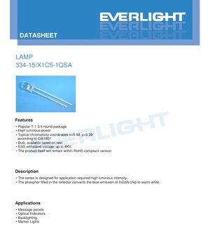 PDF Document Cover - T-1 3/4 LED Lamp 334-15/X1C5-1QSA Datasheet - Warm White - 3.2V Typ - 50° Viewing Angle - English Technical Document
